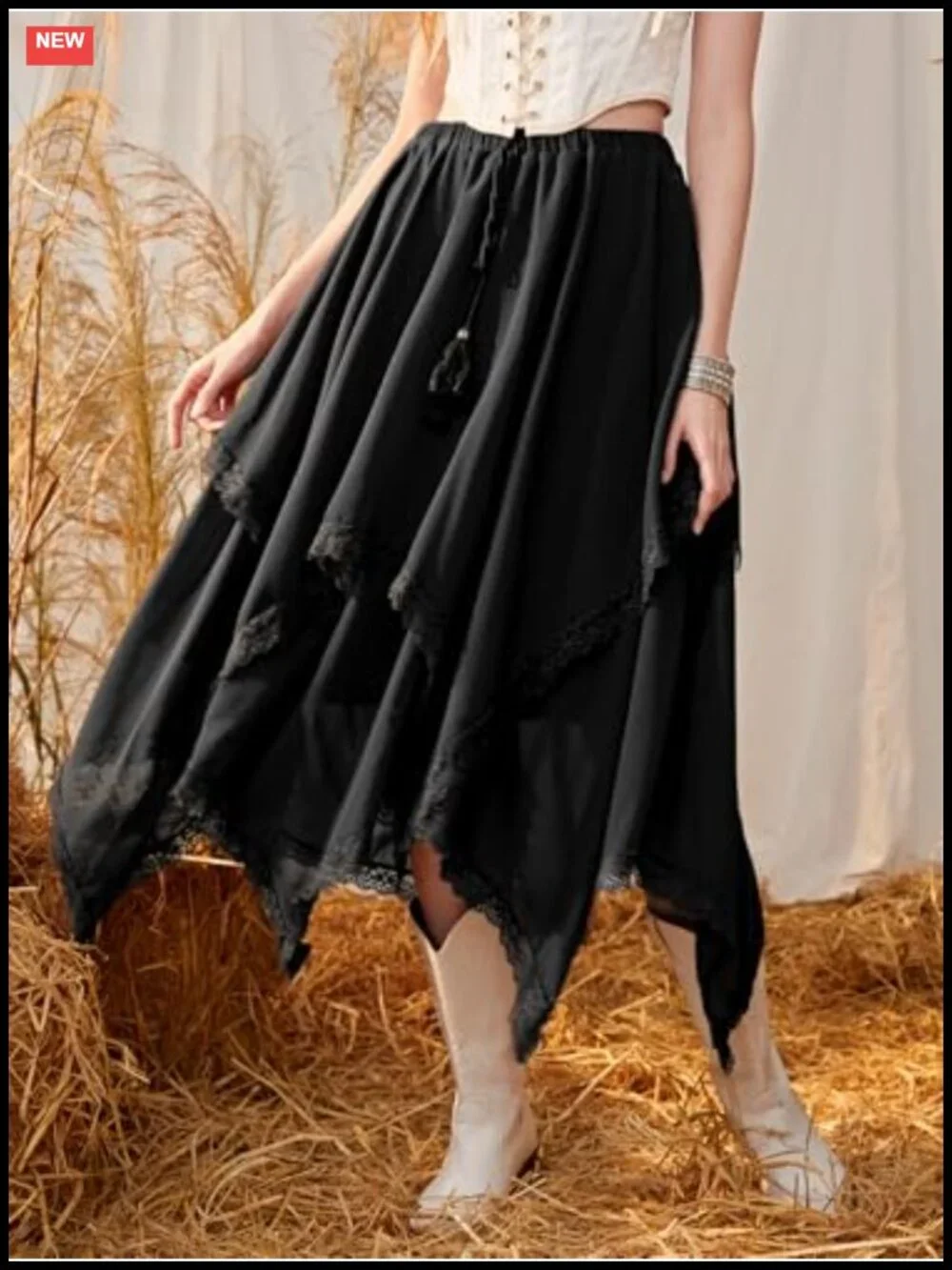 Y2K Boho Lace Trim Asymmetrical High Low Long Skirt
